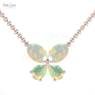 14k Solid Gold Natural Fire Opal Gemstone Butterfly Necklace For Love