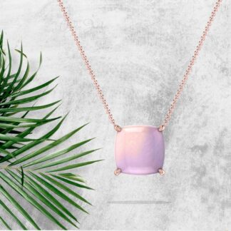 Solitaire Women Necklace In 14k Real Gold Rose Quartz 8mm Cushion Cabochon Chain Necklaces