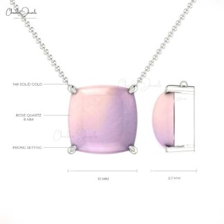 Solitaire Women Necklace In 14k Real Gold Rose Quartz 8mm Cushion Cabochon Chain Necklaces