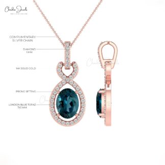 Solid 14k Gold Halo Bail Pendant With 7x5mm London Blue Topaz Diamond Infinity Pendants