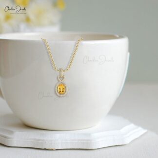 Solid 14k Gold Halo Bail Pendant With 7x5mm Citrine Gemstone And Diamond Infinity Pendant