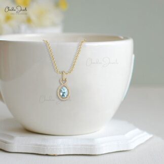 Diamond Infinity Bail Pendant In 14k Solid Gold Aquamarine 7x5mm Oval Cut Halo Pendants