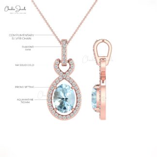 Diamond Infinity Bail Pendant In 14k Solid Gold Aquamarine 7x5mm Oval Cut Halo Pendants