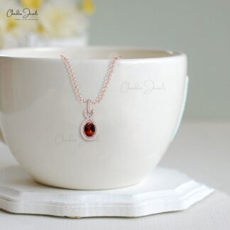 Pure 14k Gold Halo Pendant With 0.72 Ct Red Garnet And Diamond Bail Pendant For Bridal