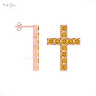 Round Gemstone Cross Earring With 2mm Citrine November Birthstone Studs In 14k Solid Gold