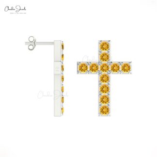 Round Gemstone Cross Earring With 2mm Citrine November Birthstone Studs In 14k Solid Gold