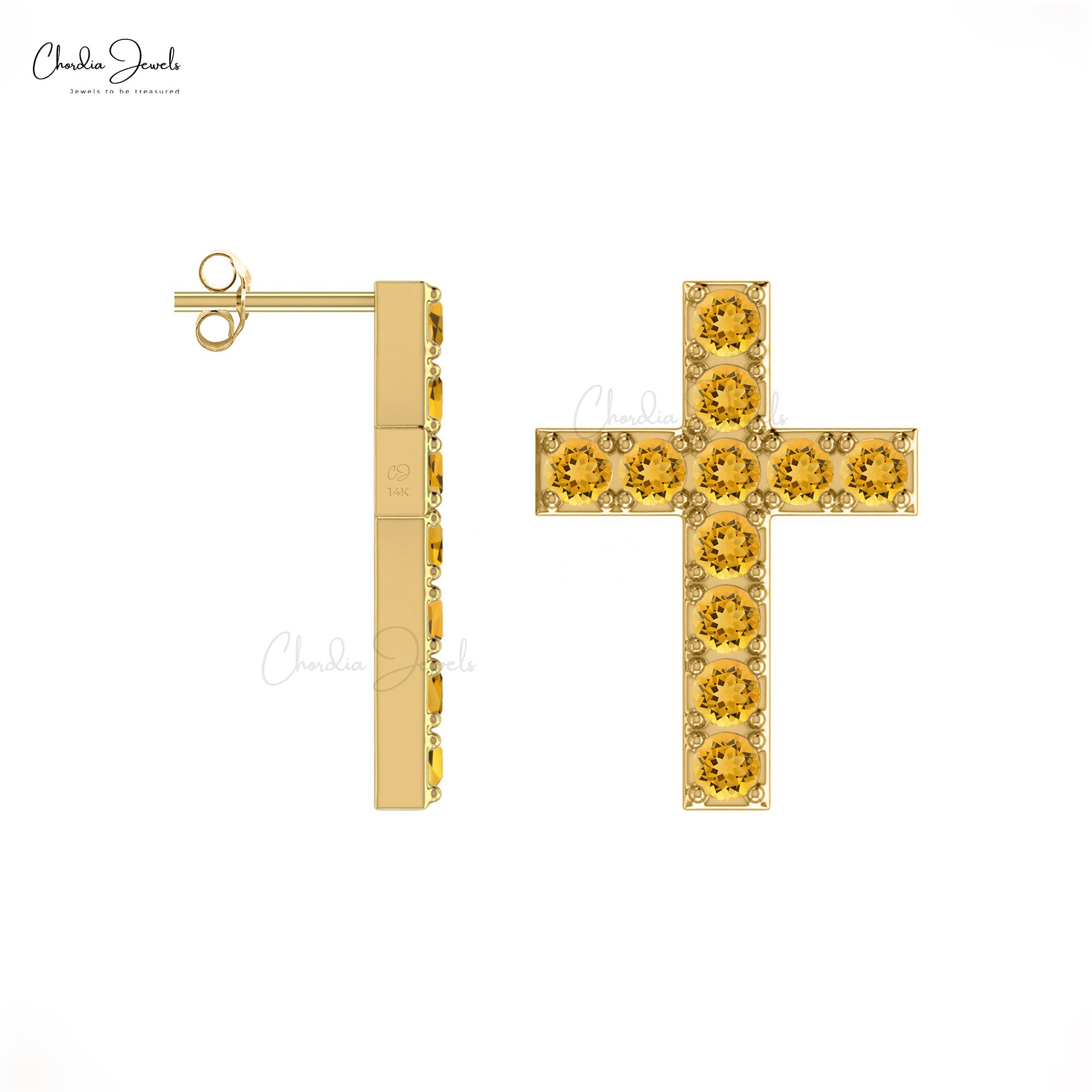 Round Gemstone Cross Earring With 2mm Citrine November Birthstone Studs In 14k Solid Gold