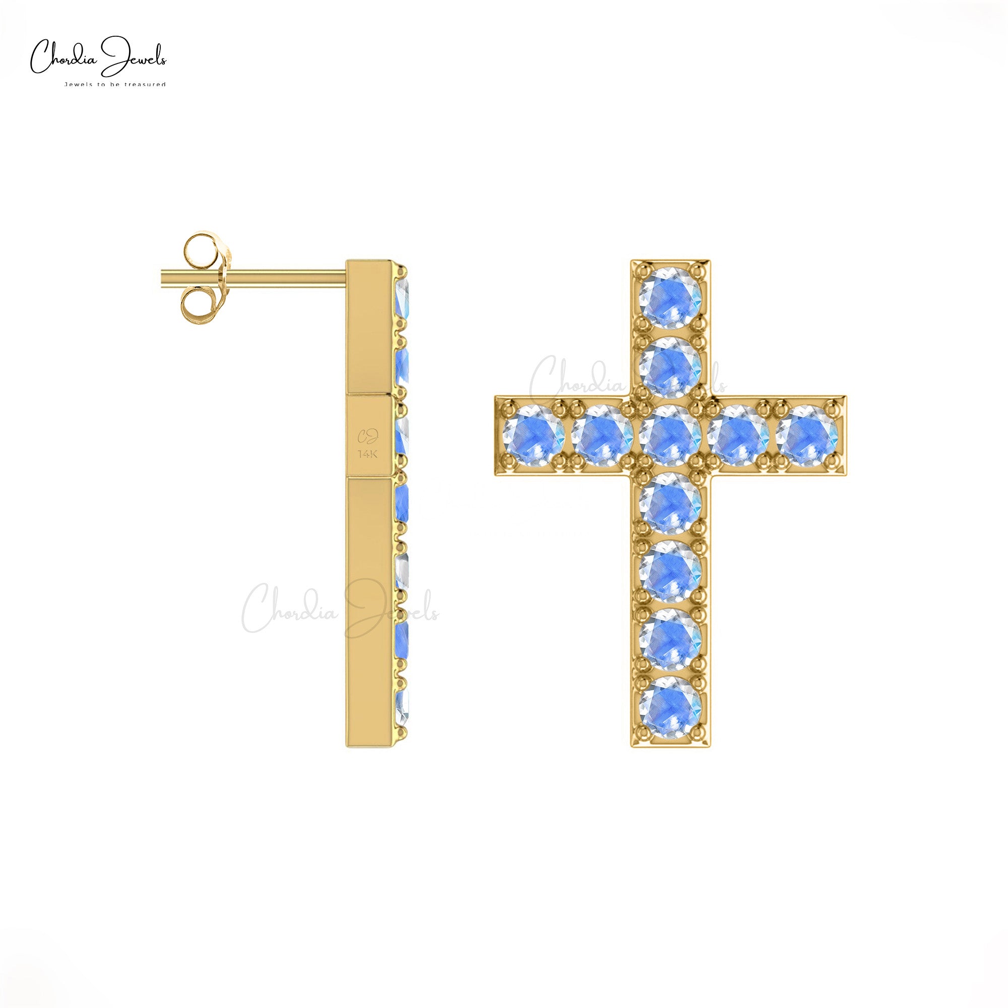 Genuine Moonstone Religious Studs In 14k Real Gold Gemstone Push Back Earrings