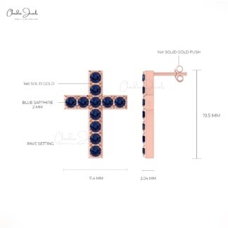 Cross Gemstone Studs In 14k Solid Gold Blue Sapphire Religious Stud Earrings For Her