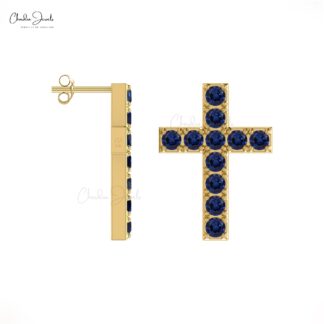 Cross Gemstone Studs In 14k Solid Gold Blue Sapphire Religious Stud Earrings For Her
