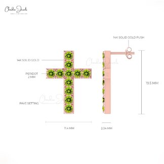 Natural Peridot Cross Earrings With 2mm Gemstone Pave Set In 14k Gold Fine Jewelry