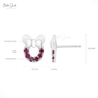 Beautiful Cartoon Mickey Mouse Stud Earrings Natural Red Ruby Gemstone Studs in 14k Real White Gold Fine Jewelry For Gift