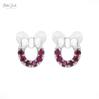 Beautiful Cartoon Mickey Mouse Stud Earrings Natural Red Ruby Gemstone Studs in 14k Real White Gold Fine Jewelry For Gift