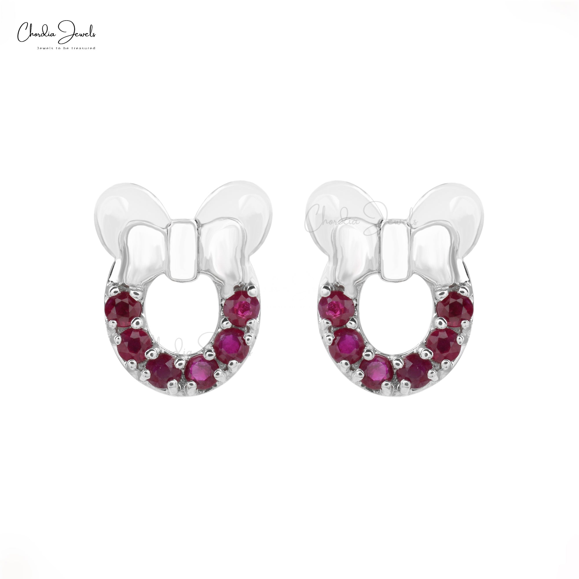 Beautiful Cartoon Mickey Mouse Stud Earrings Natural Red Ruby Gemstone Studs in 14k Real White Gold Fine Jewelry For Gift