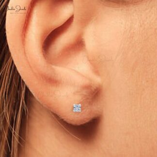 Real 14k White Gold Solitaire Studs With 0.15 Ct G-H Diamond Push Back Earrings For Mom