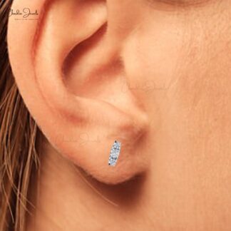 Dainty 3 Stone Unique Earring In 14k Real White Gold G-H Diamond Trilogy Push Back Studs