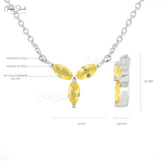 Cluster Gemstone Necklace In 14k Pure Gold Yellow Sapphire Triple Marquise Chain Necklace