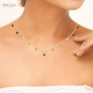 Multi Stone Rosary Necklace With 5mm Gemstones Beaded Chain Necklace In 14k Yellow Gold
