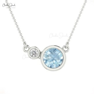 Dual Stone Bezel Set Necklace In 14k Solid White Gold Genuine Aquamarine & Diamond Necklace For Bridal