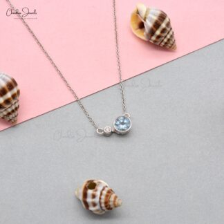 Dual Stone Bezel Set Necklace In 14k Solid White Gold Genuine Aquamarine & Diamond Necklace For Bridal