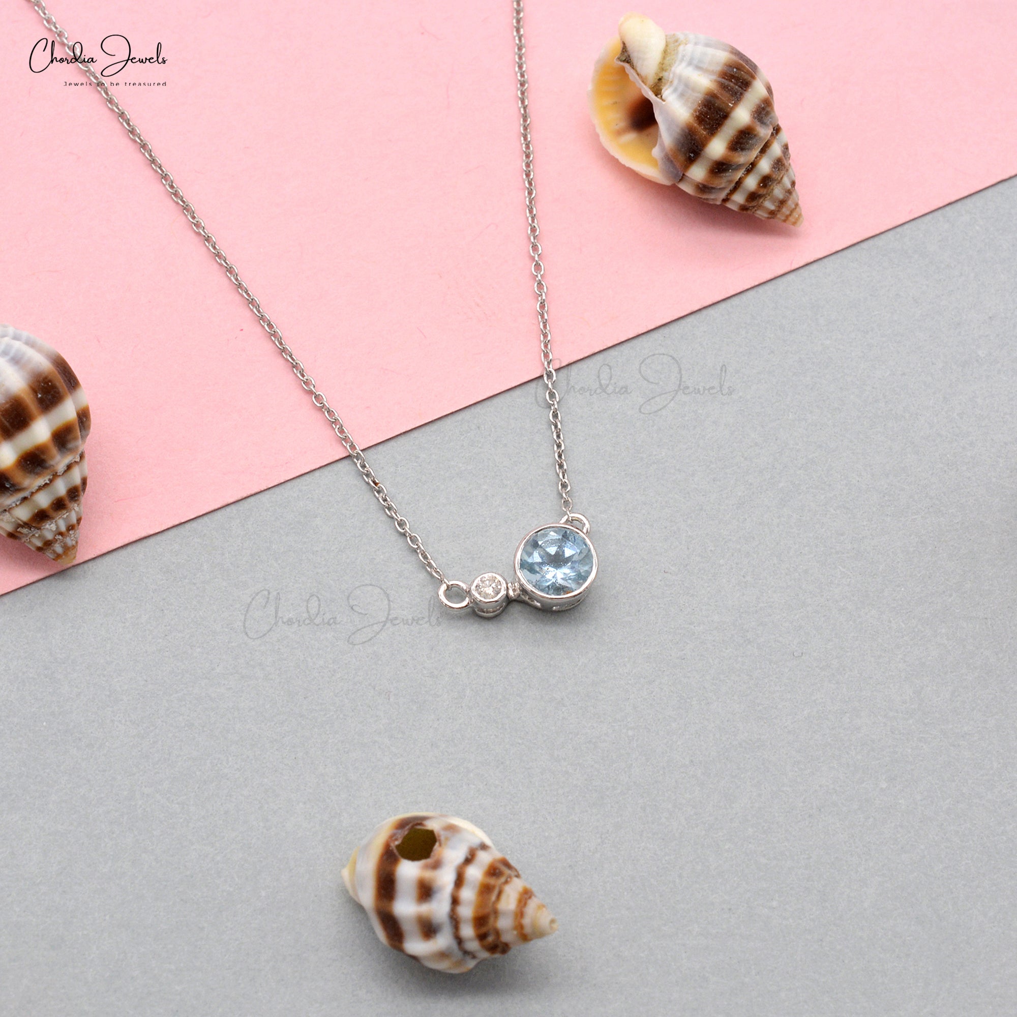 Dual Stone Bezel Set Necklace In 14k Solid White Gold Genuine Aquamarine & Diamond Necklace For Bridal