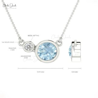 Dual Stone Bezel Set Necklace In 14k Solid White Gold Genuine Aquamarine & Diamond Necklace For Bridal