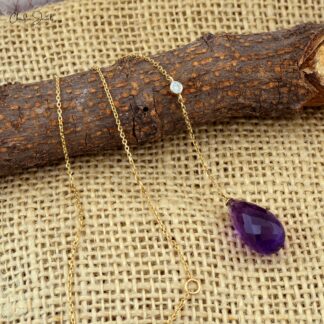 Diamond Lariat Chain Necklace With 6.64 Ct Amethyst 14k Yellow Gold Hallmarked Y Necklaces