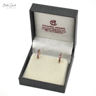 Baguette Gemstone Hoop With 4x2mm Rhodolite Garnet Solid 925 Silver Dainty Earring, 1 Piece