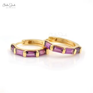 Baguette Gemstone Hoop With 4x2mm Rhodolite Garnet Solid 925 Silver Dainty Earring, 1 Piece