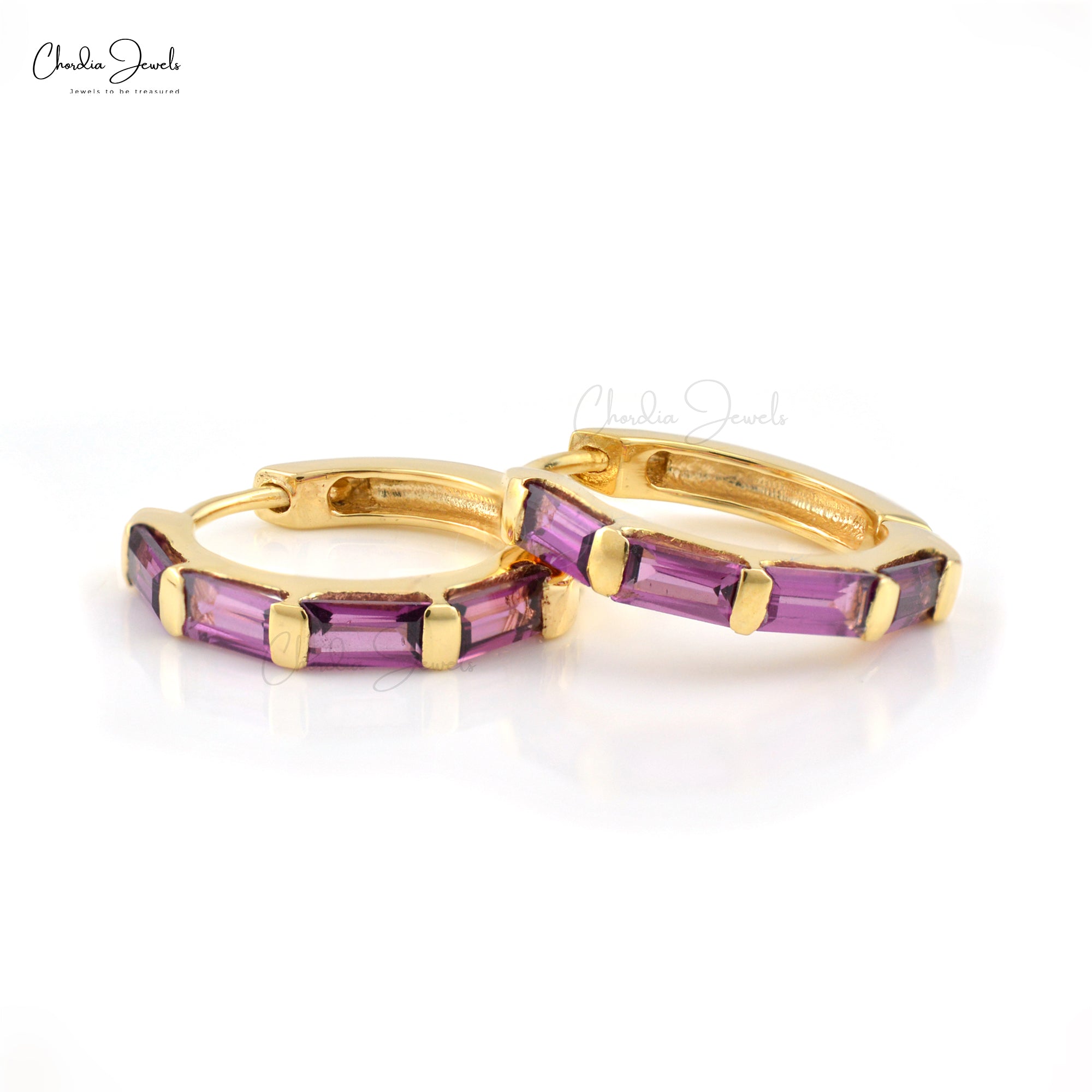 Baguette Gemstone Hoop With 4x2mm Rhodolite Garnet Solid 925 Silver Dainty Earring, 1 Piece