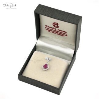 Dangling Art Deco Pendant In 14k White Gold Burma Ruby 8x6mm Pear And Diamond Pendants