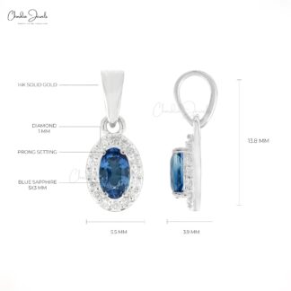Classic Halo Blue Sapphire Solitaire Pendant, 1 mm Round Full Cut Diamond Simulant Pendant Necklace Real 14k White Gold Jewelry For Valentine’s Day Gift