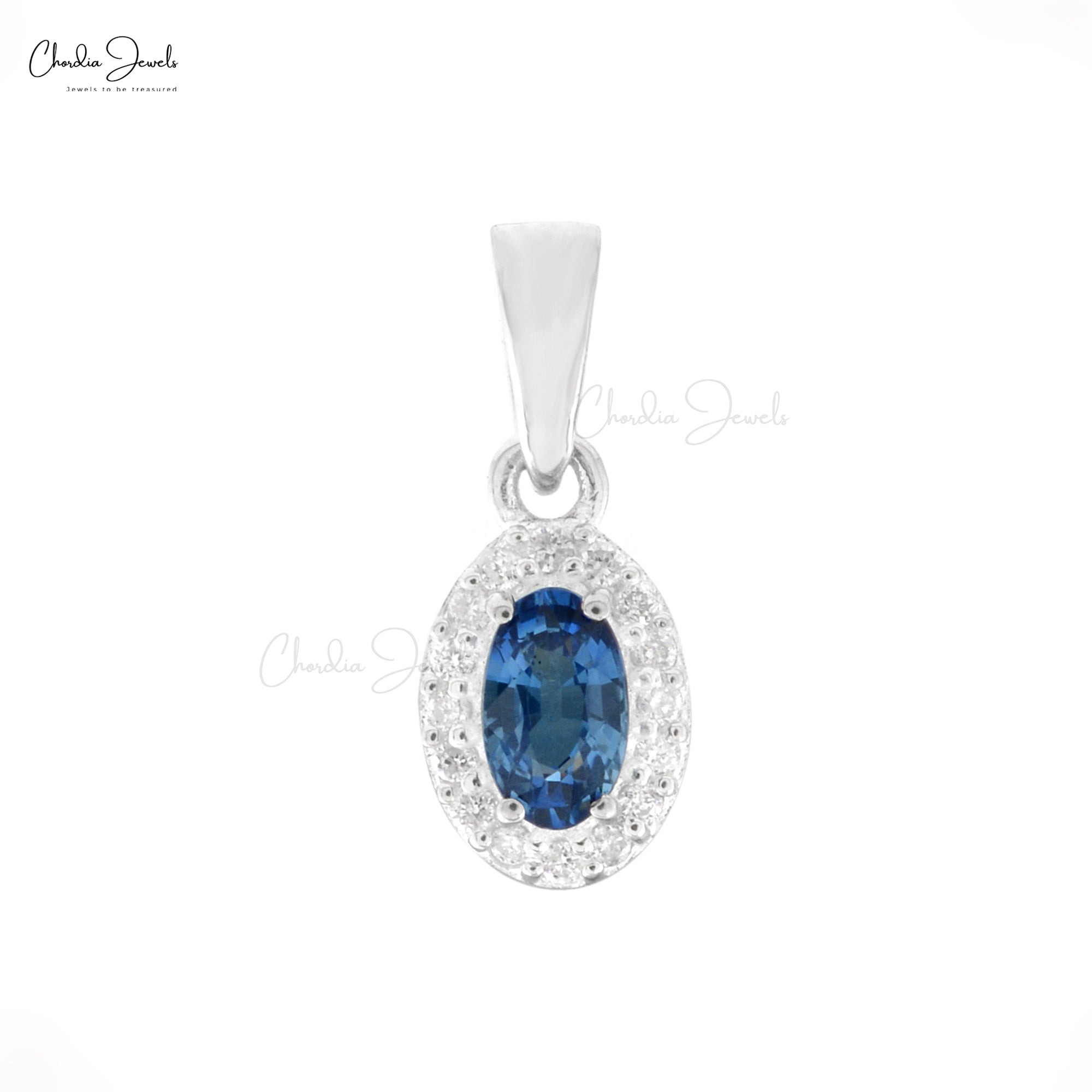 Classic Halo Blue Sapphire Solitaire Pendant, 1 mm Round Full Cut Diamond Simulant Pendant Necklace Real 14k White Gold Jewelry For Valentine’s Day Gift