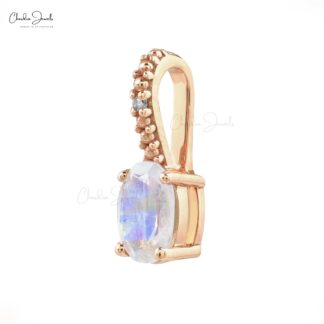 Beautiful Hidden Bail Pendant Necklace Studded White Diamond Authentic Rainbow Moonstone Pendant in Pure 14k Rose Gold Mother’s Day Gift
