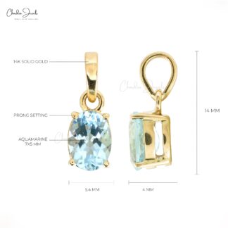 Solitaire Dangle Pendant in 14k Yellow Gold Aquamarine 0.8 Ct Gemstone Fine Jewelry