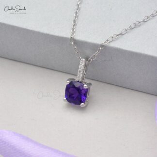 African Amethyst 0.98 Ct Gemstone and Diamond Bar 14k Real Gold Dangle Pendant