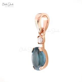 Dangle Diamond Pendant In 14k Real Gold London Blue Topaz 7x5mm Gemstone Pendant