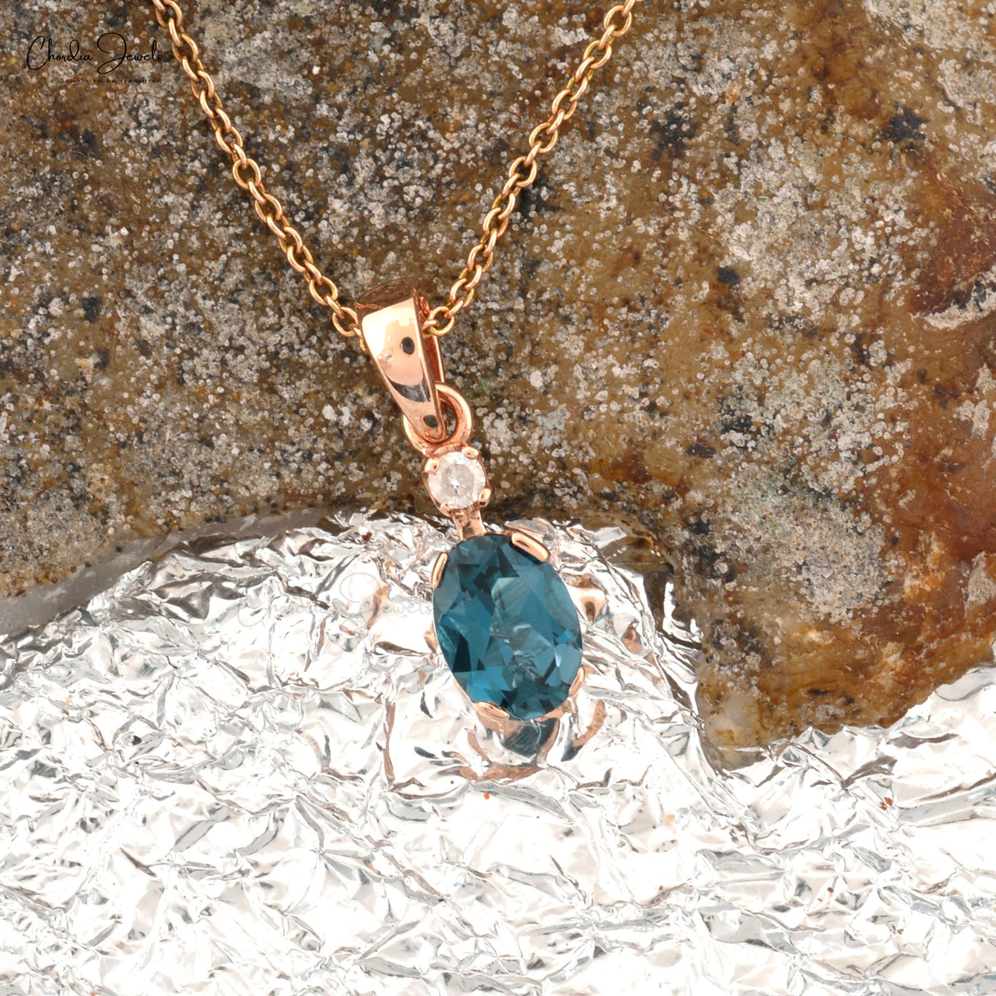 Dangle Diamond Pendant In 14k Real Gold London Blue Topaz 7x5mm Gemstone Pendant