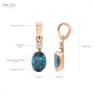 Dangle Diamond Pendant In 14k Real Gold London Blue Topaz 7x5mm Gemstone Pendant