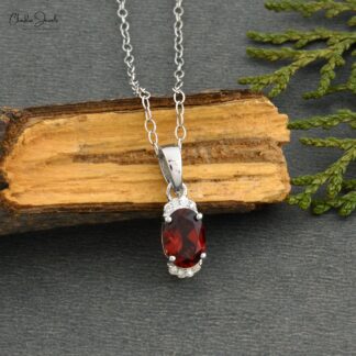 Double Birthstone Pendant With 7x5mm Garnet & Half Halo Diamond 14k White Gold Necklace