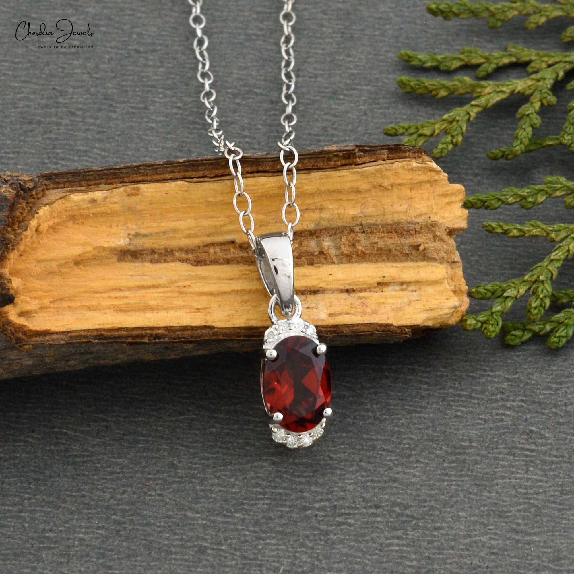 Double Birthstone Pendant With 7x5mm Garnet & Half Halo Diamond 14k White Gold Necklace