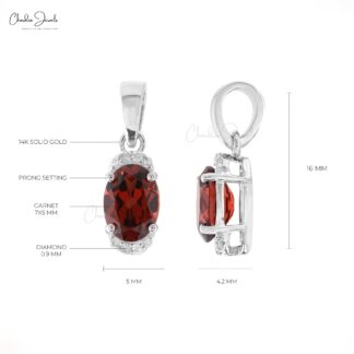 Double Birthstone Pendant With 7x5mm Garnet & Half Halo Diamond 14k White Gold Necklace