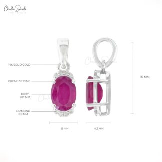 Solid 14k White Gold Dangle Pendant In 0.72 Ct Ruby And Diamond Half Halo Necklace