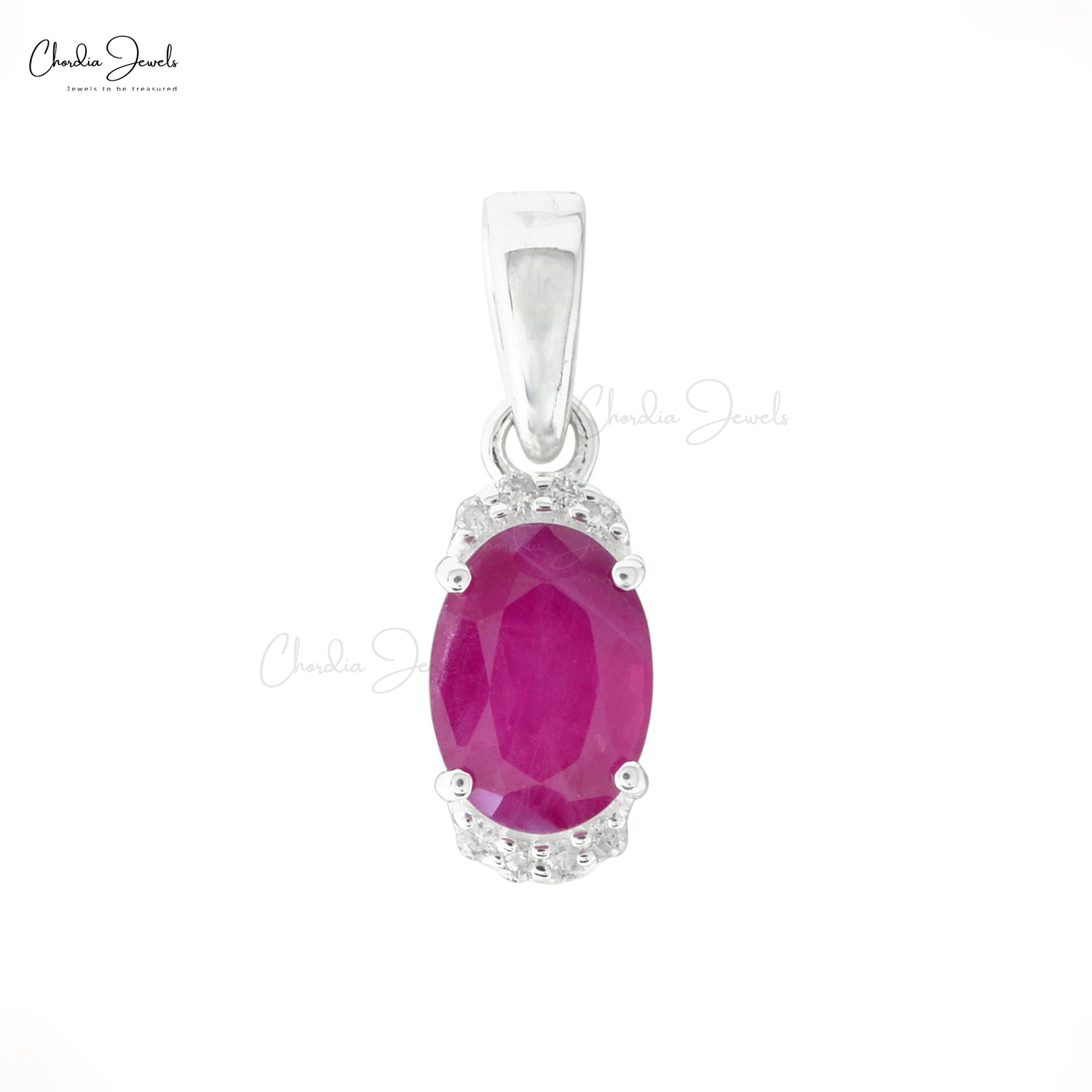 Solid 14k White Gold Dangle Pendant In 0.72 Ct Ruby And Diamond Half Halo Necklace