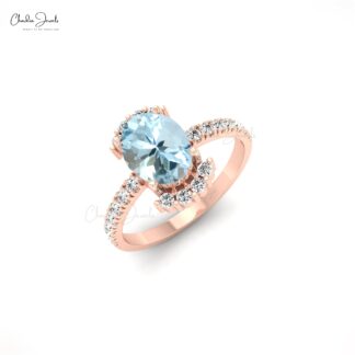 Genuine Aquamarine 8x6mm Oval Gemstone With Diamond Half Halo 14k Real Gold Ring