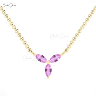 Cluster 3 Stone Women Necklace In 14k Pure Gold Pink Sapphire 4x2mm Gemstone Jewelry