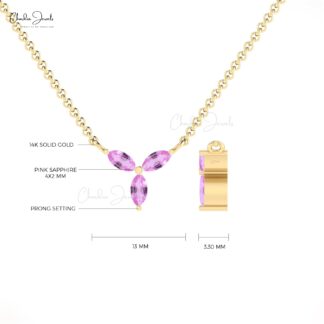 Cluster 3 Stone Women Necklace In 14k Pure Gold Pink Sapphire 4x2mm Gemstone Jewelry