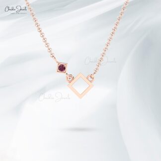 Open Square Rhodolite Garnet Pendant With 2.5mm Gemstone Pave Set In 14k Gold Necklace