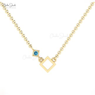 Solitaire Dainty Chain Necklace In 14k Real Gold Swiss Blue Topaz Open Square Necklaces