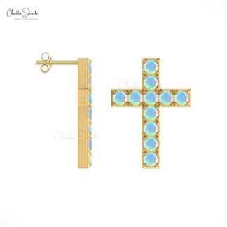 Pure 14k Gold Religious Earrings With 1.10 Ct Fire Opal Gemstone Handmade Baptism Studs